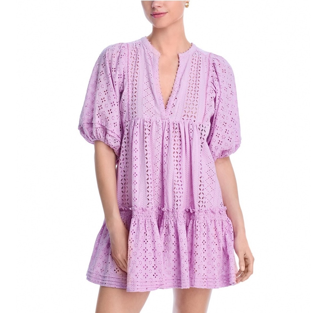 Poupette St Barth Aria Mini Dress Lilac Plain Eyelet Cotton M/L W4RR25NOLC5